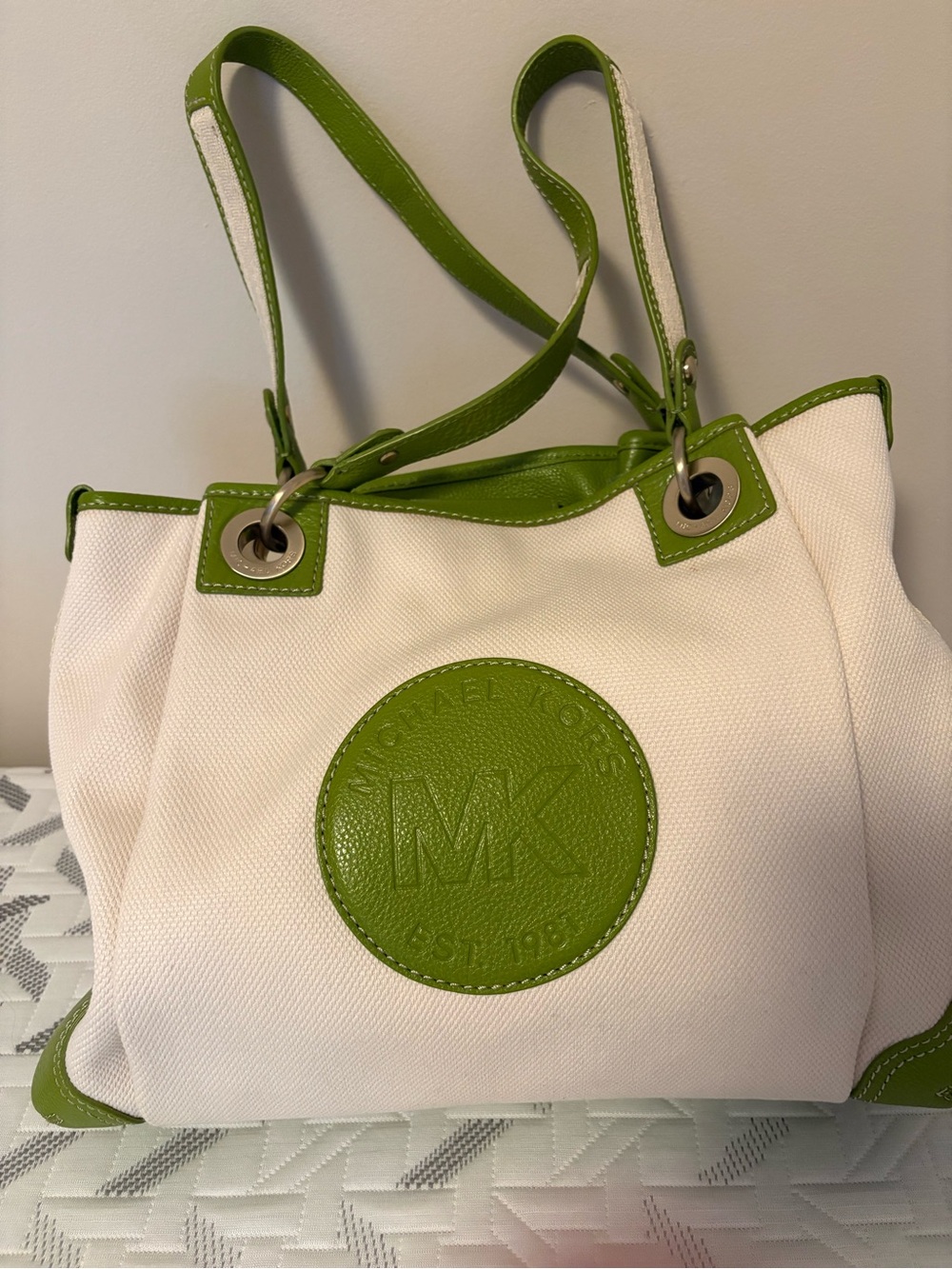 Michael Kors Cream Canvas Tote with Green Leather Trim